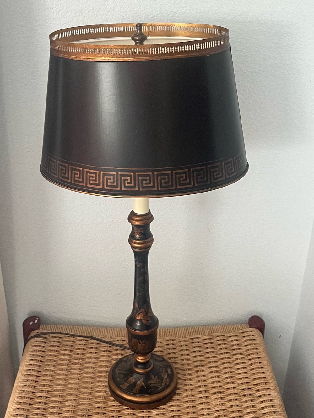 Chinoiserie Black Gold Tole Candlestick Lamp Vintage Hand Painted - Picture 15 of 16